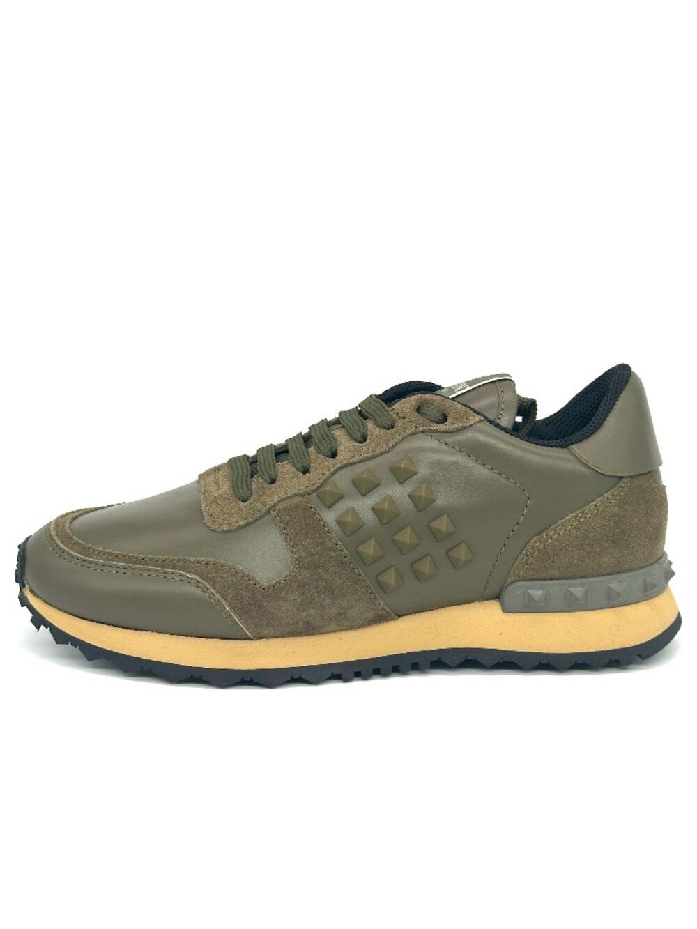Valentino Rockrunner Rockstud Leather Suede Sneakers Trainers Olive Green